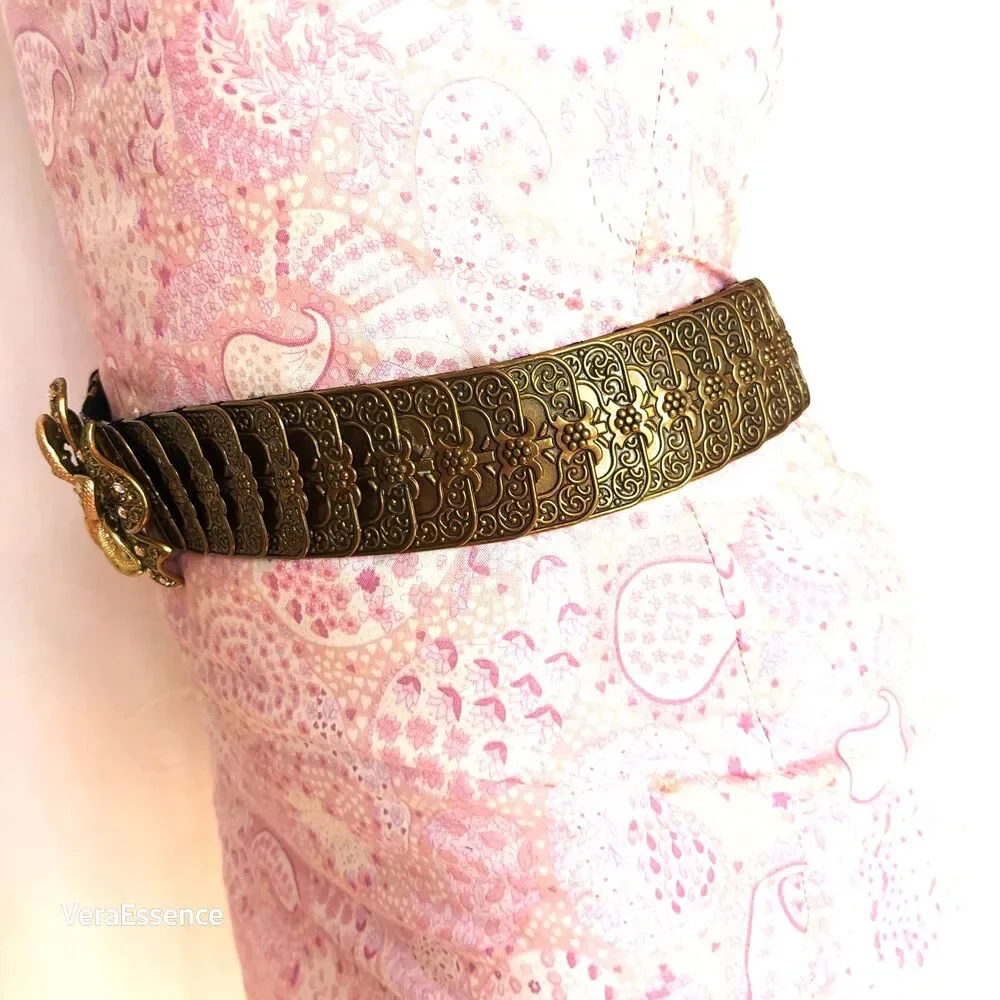 VINTAGE METAL SCALLOPED ELASTIC BELT RHINESTONES FLOWER BUCKLE HANDCRAFTED